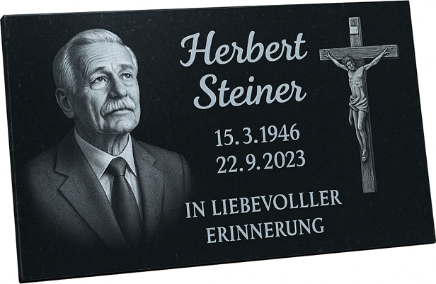 gravierte Inschriftplatte schwarzer Granit