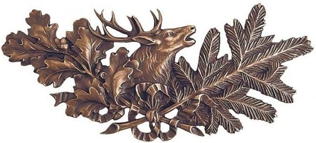 Bronzová ozdoba s jeleňom a vetvami dubu, 10×21 cm