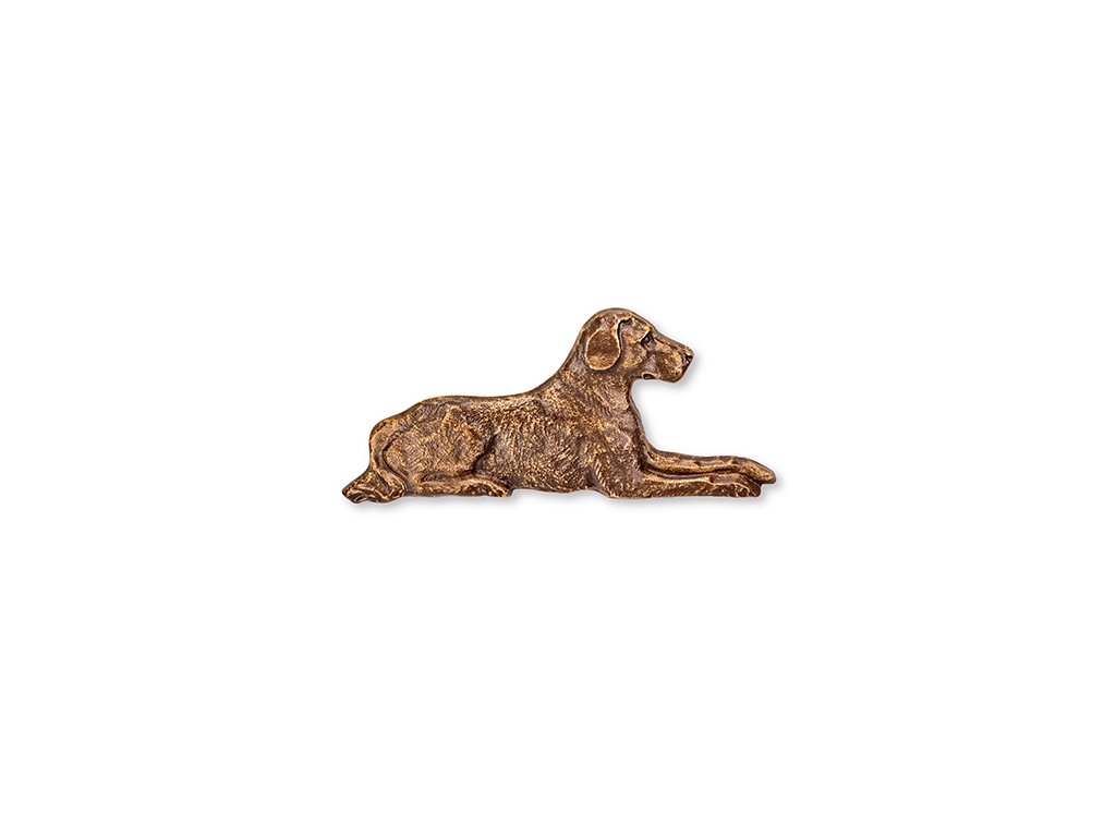 Bronzový ležiaci pes na náhrobok, 6,5×14 cm