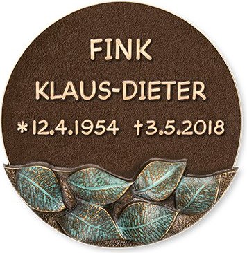 Bronzový náhrobný štítok s motívom listov, priemer 16 cm