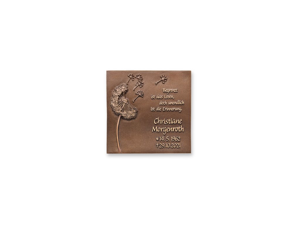 Bronzová doska s pampeliškou na náhrobok, 15×15 cm