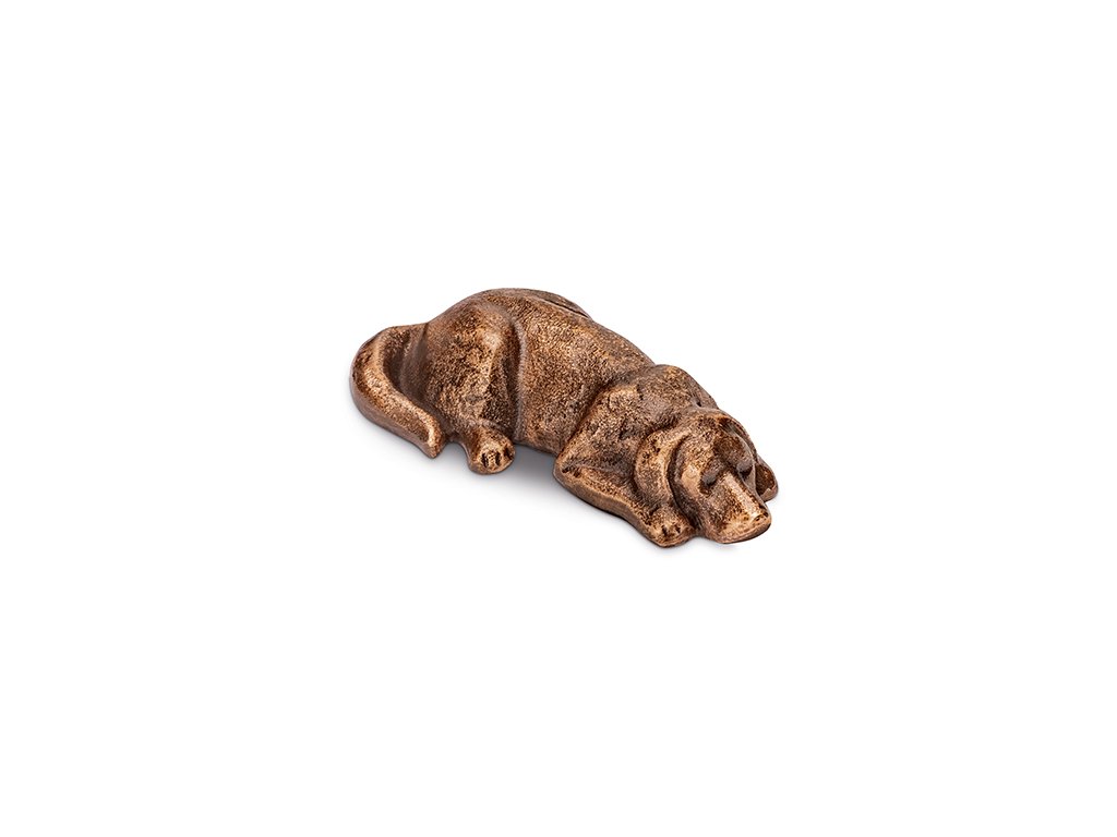 Bronzový ležiaci pes na náhrobok, 4,5×10 cm