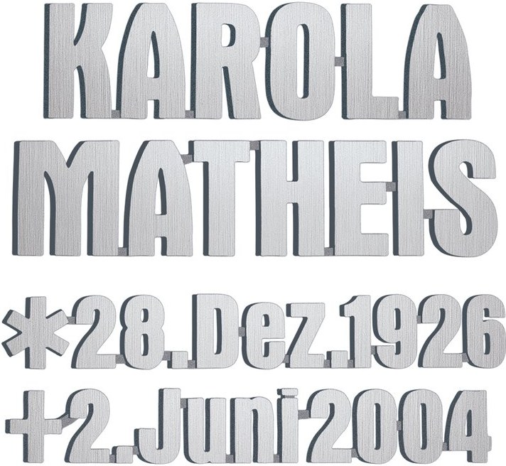 Bronze-Inschrift Matheis für Grabmal, 4–8 mm