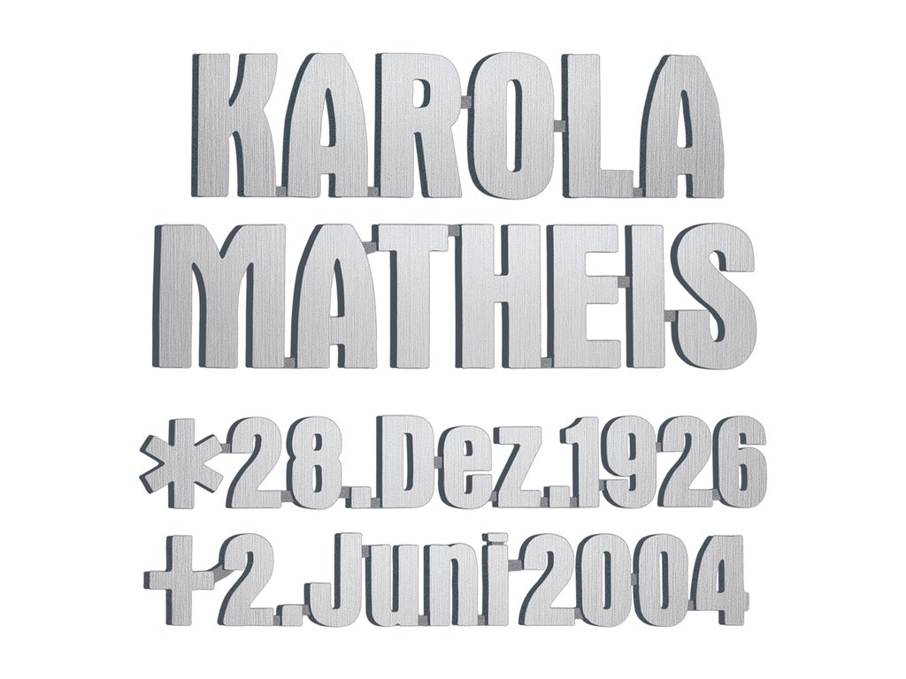 Bronzový nápis Matheis na náhrobok, 4–8 mm