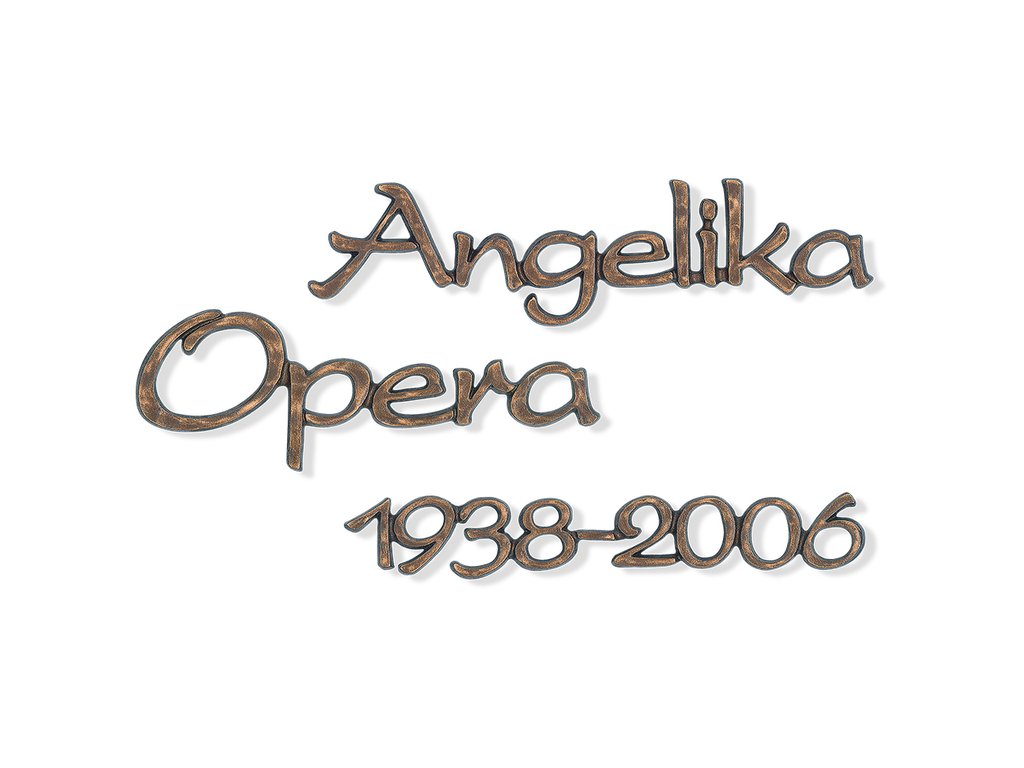 Náhrobný nápis Opera z bronzu a hliníku