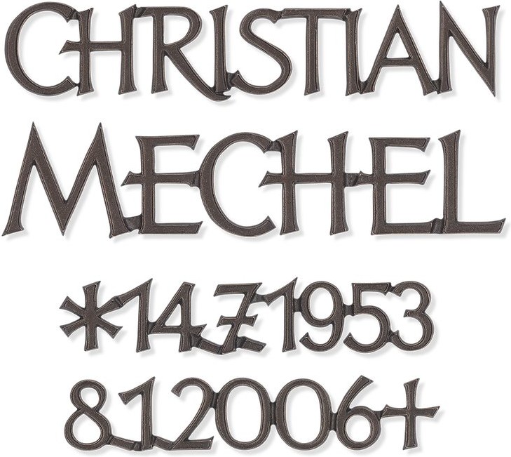 Bronzový nápis Mechel na náhrobek, 6–15 mm